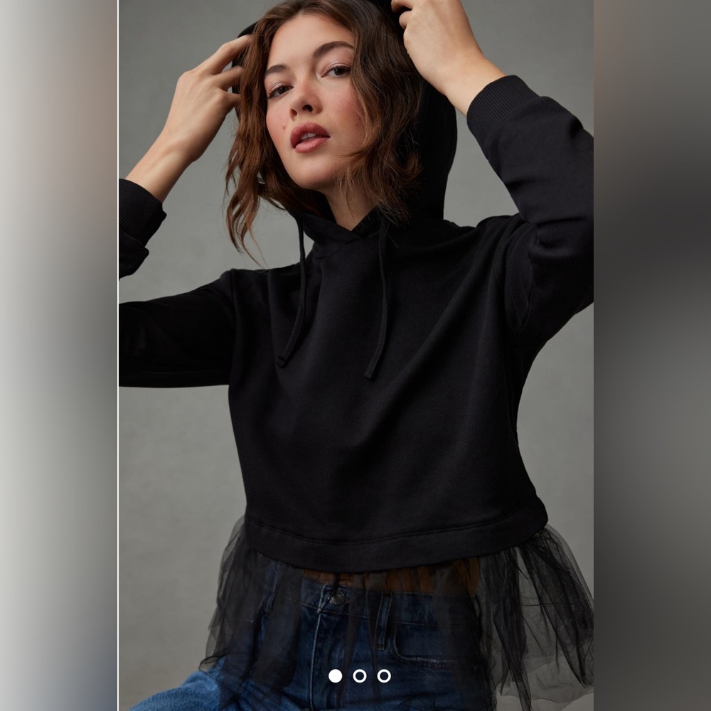 Anthropologie Pilcro Oversized Tulle-Hem Short-Sleeve Hoodie